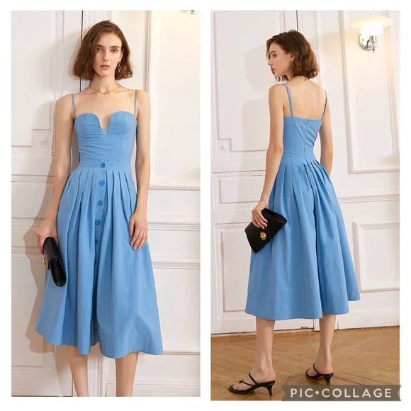 AEL Amy Enjoy Life Studio Marion Bustier Blue Button A-Line Midi Dress Size M - Picture 11 of 12